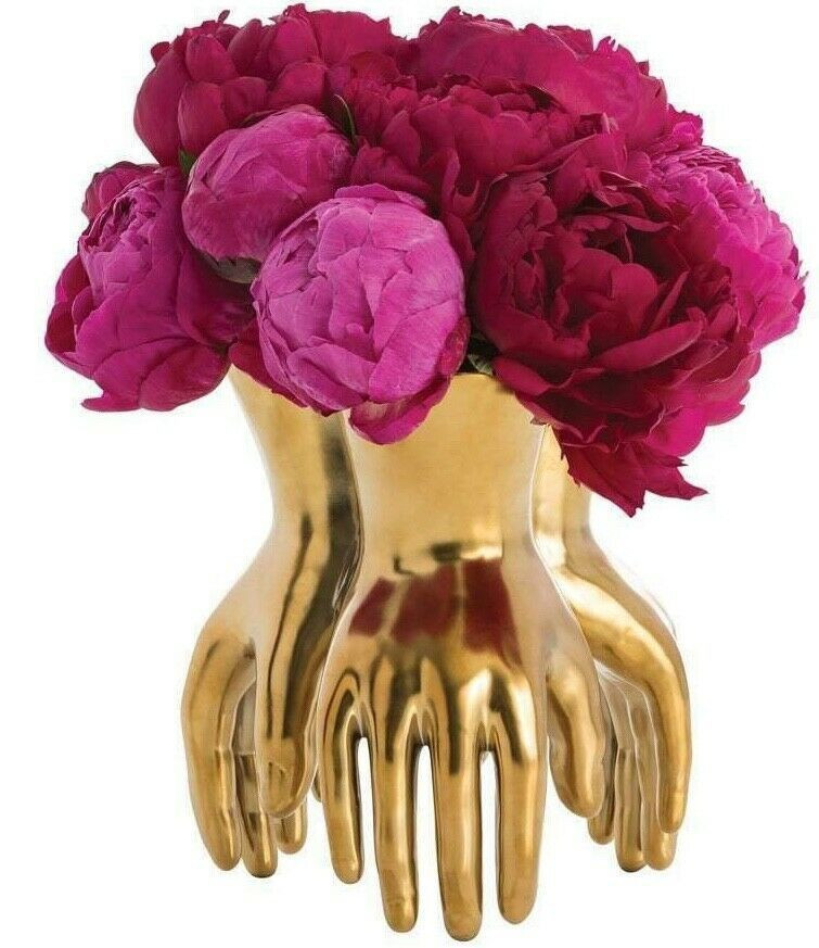 Mid Modern Contemporary GLAM Figure Art Hands Gold Sculpture  Flower Vase | Bonanza (Global)