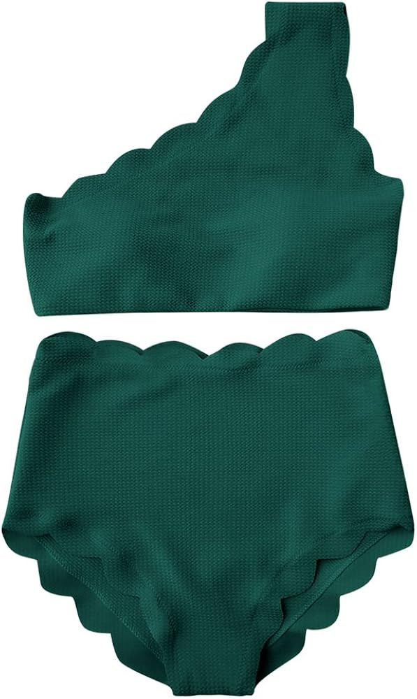 ZAFUL High Waisted Bikini Scalloped Flounced One Shoulder Swimsuit Solid Wavy Edge Swimwear | Amazon (US)