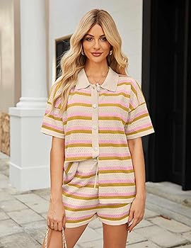 Ekouaer Lounge Sets for Women Crochet Striped 2 Piece Short Sets Short Sleeve Outfits Matching Se... | Amazon (US)