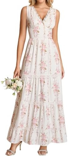 KUTUMAI Summer Lace Floral Wedding Guest Maxi Dresses for Women V Neck Corset Long Flowy Tea Part... | Amazon (US)