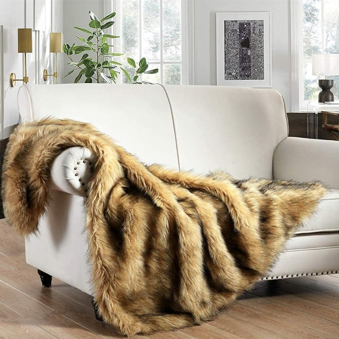 Luxury Plush Faux Fur Throw Blanket, Long Pile Golden Yellow with Black Tipped Blanket, Super War... | Amazon (US)