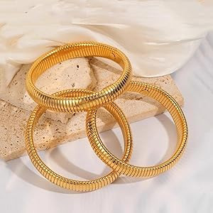 Gold Bangles for Women Set of 3 Chunky Stretch Bangles Bracelets 24K Gold Plated Stainless Steel ... | Amazon (US)
