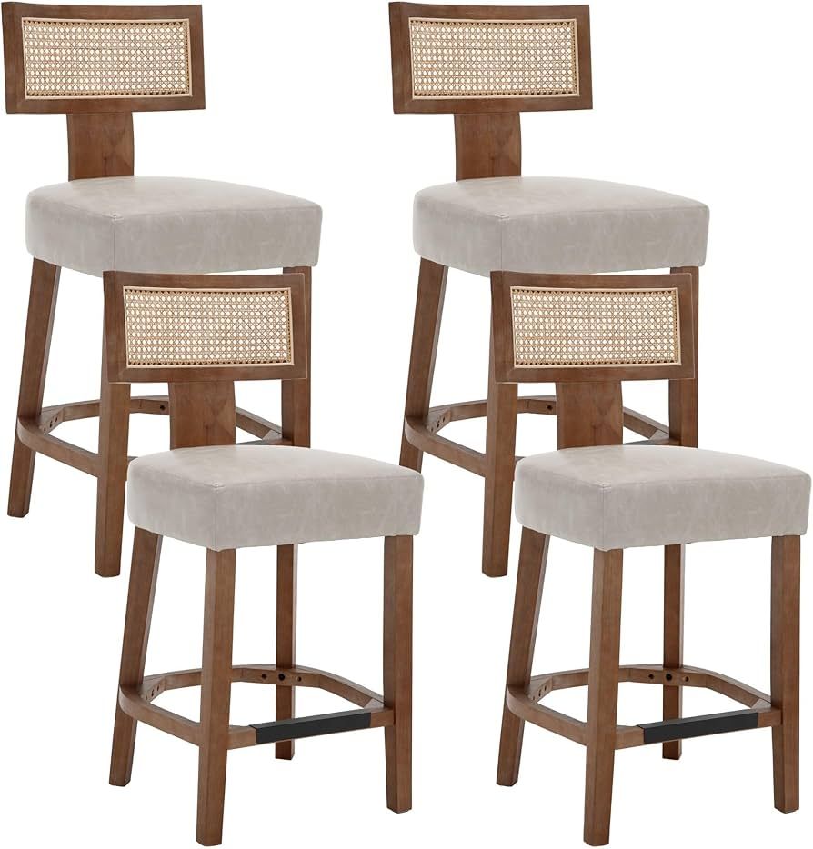 Rattan Bar Stools Set of 4, 26” Counter Height Bar Stools Modern Kitchen Counter Stools with Natural Rattan Woven Back, Farmhouse Leather Upholstered Countertop Bar Chairs, Grey | Amazon (US)