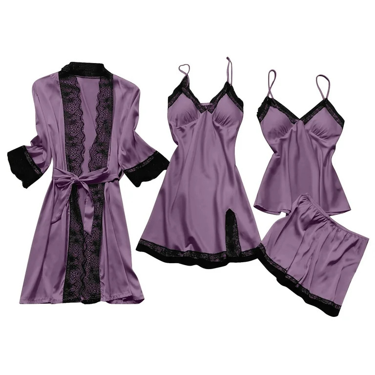 Womens 4pcs Pajamas Set, Soft Silk Satin Sleepwear Lace Trim Nightdress Pj Set with Robe, Comfy H... | Walmart (US)