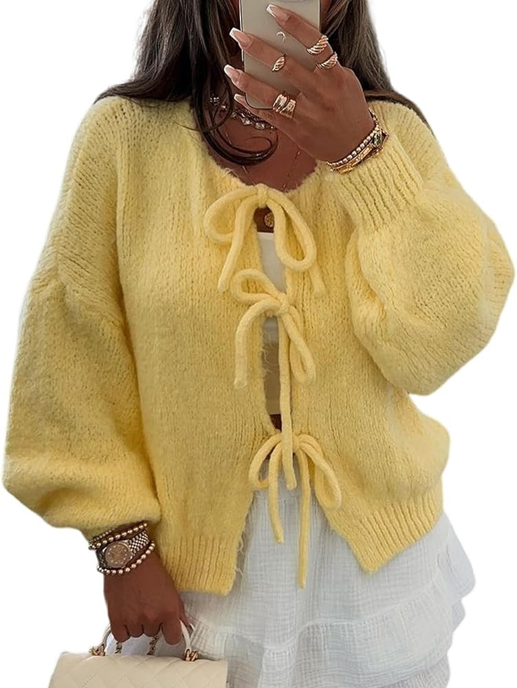 Women’s Tie Front Cardigan Sweater Bow Knit Y2K Oversized Cardigan Casual Long Sleeve Open Fron... | Amazon (US)