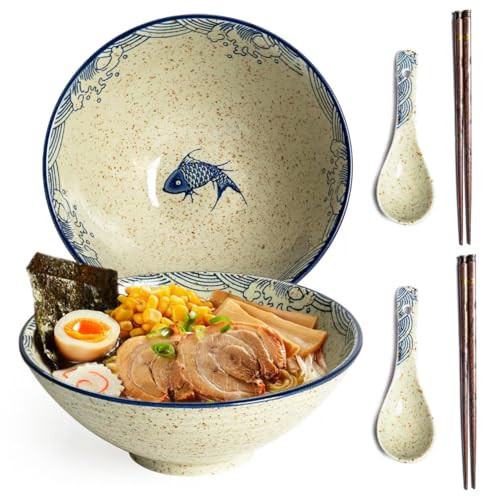 Niturceal Ceramic Ramen Bowl Set of 2, 40oz Japanese Noodle Bowls with Spoons & Chopsticks Porcelain Large Soup Bowl for Pho, Udon, Retro Style Tableware Microwave & Dishwasher Safe, Fish | Amazon (US)