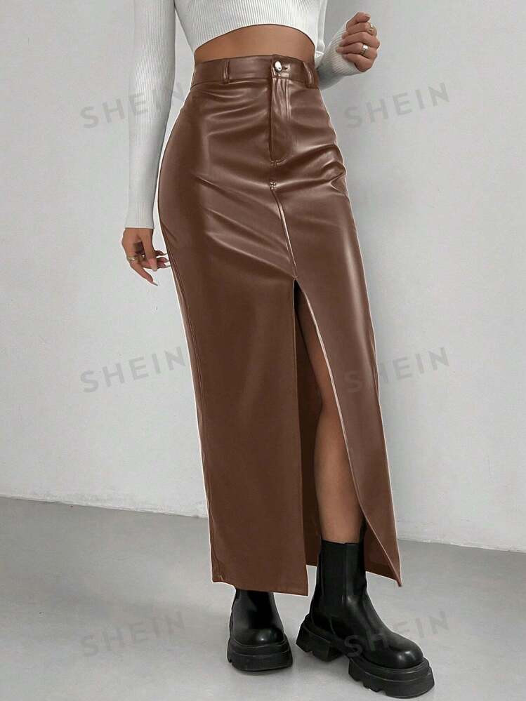 TrendsSHEIN Essnce Women's Fashionable Solid Color High Waist Side Split Long PU Skirt, Autumn | SHEIN