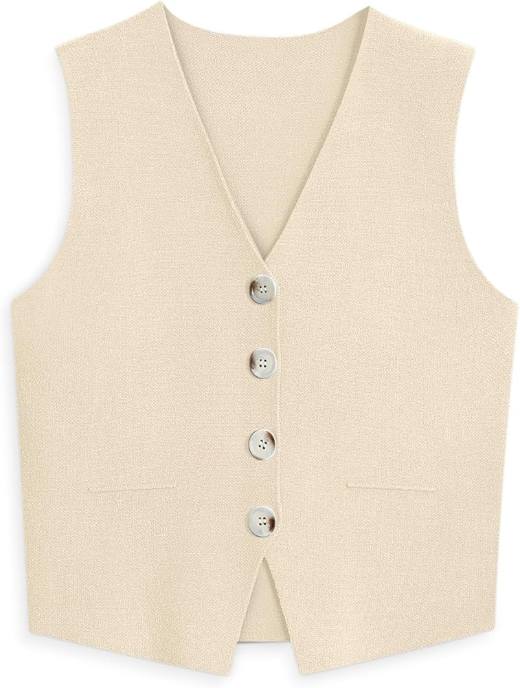LILLUSORY Business Casual Tops for Women 2024 Dressy Sleeveless Sweater Vests V Neck Button Down ... | Amazon (US)