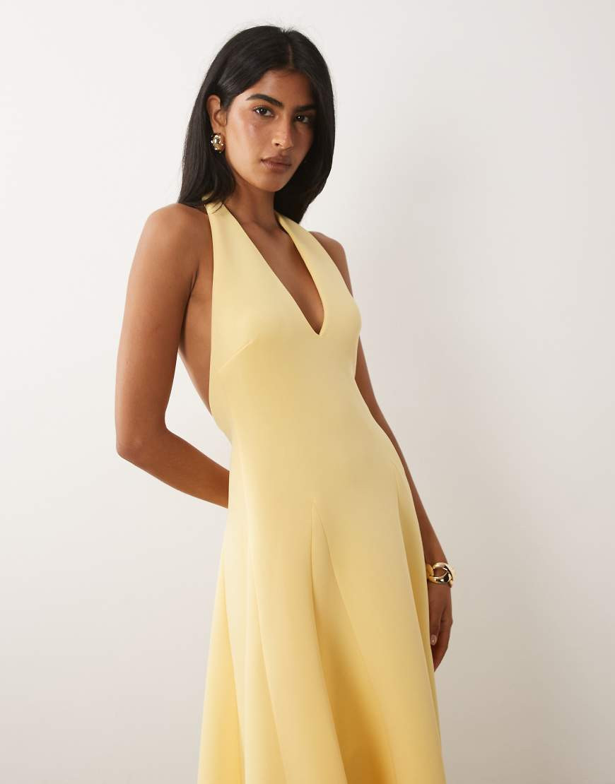 ASOS DESIGN plunge neck structured full skirt midi dress in yellow scuba-style fabric | ASOS (Global)