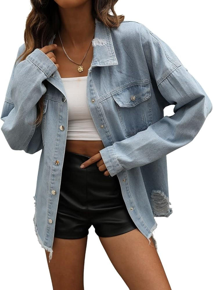 happlan Women's Ripped Distressed Casual Denim Jacket Jeans Coat Plus Size Oversize | Amazon (US)
