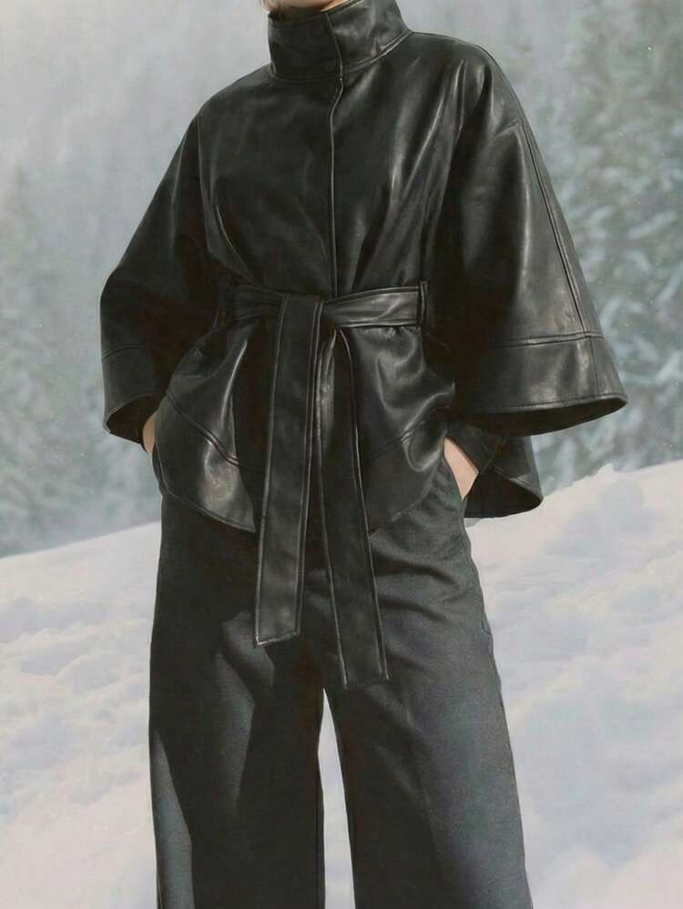 Black faux leather belted black jacket | SHEIN