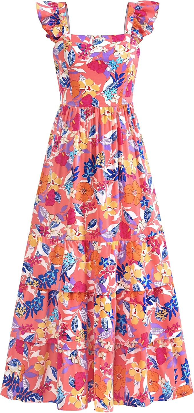 dowerme Summer Dresses for Women 2025 Casual Ruffle Smocked Tiered A-Line Boho Floral Maxi Beach ... | Amazon (US)