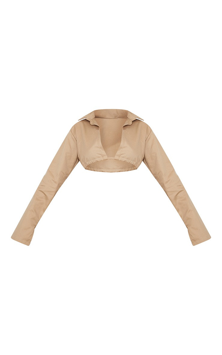 Stone Twill Open Back Cropped Shirt | PrettyLittleThing UK