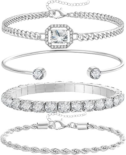 4 Pcs Dainty Gold Silver Bracelets Set for Women 14K Plated Link Cubic Zirconia Paperclip Stake L... | Amazon (US)