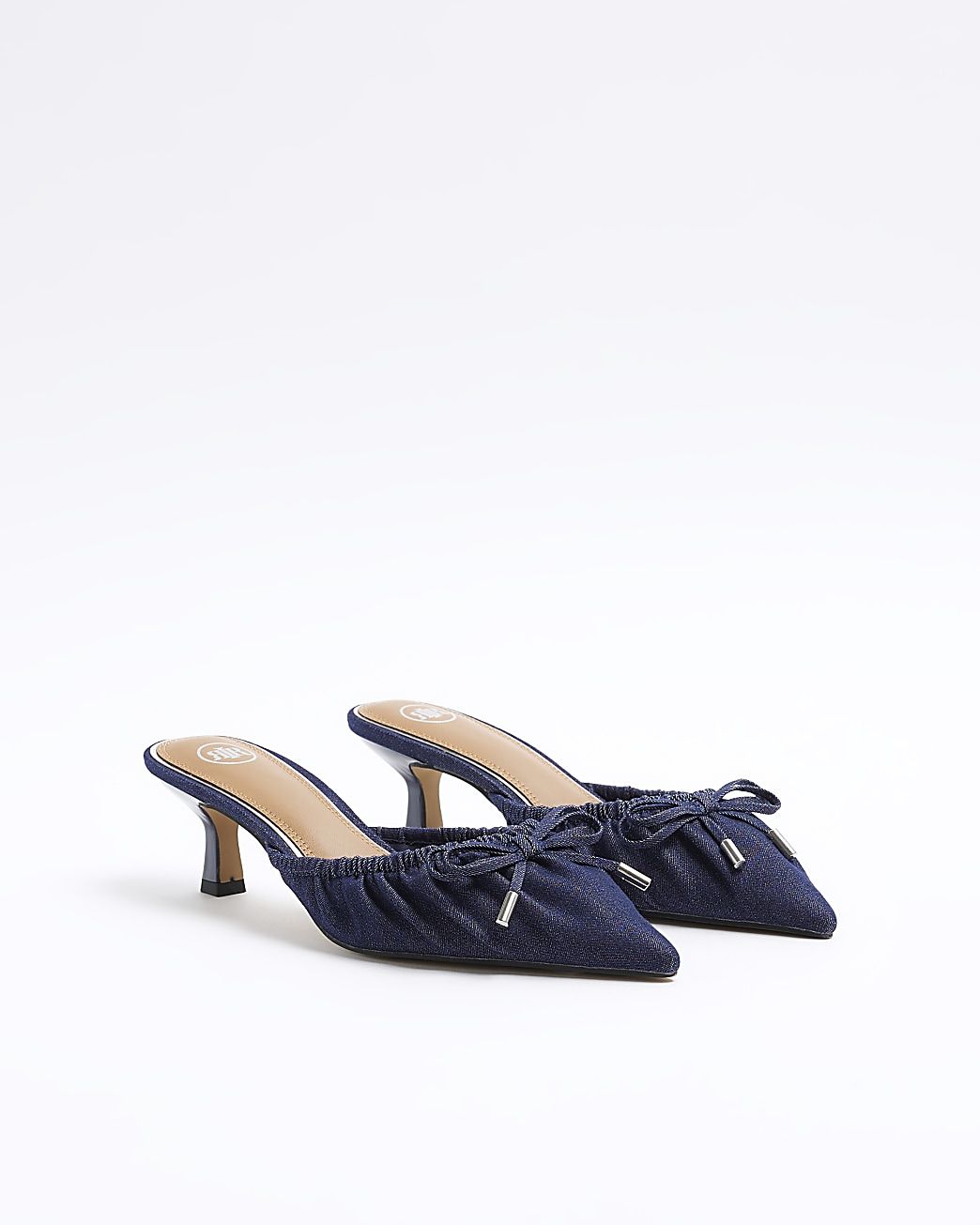 Blue denim ruched kitten heel court shoes | River Island (UK & IE)