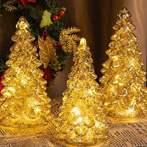 KI Store Lighted Glass Christmas Tree Figurine with Timer Set of 3 Mercury Glass Christmas Decora... | Amazon (US)