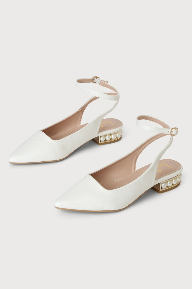 Flayna White Slingback Pearl Ankle Strap Flats | Lulus