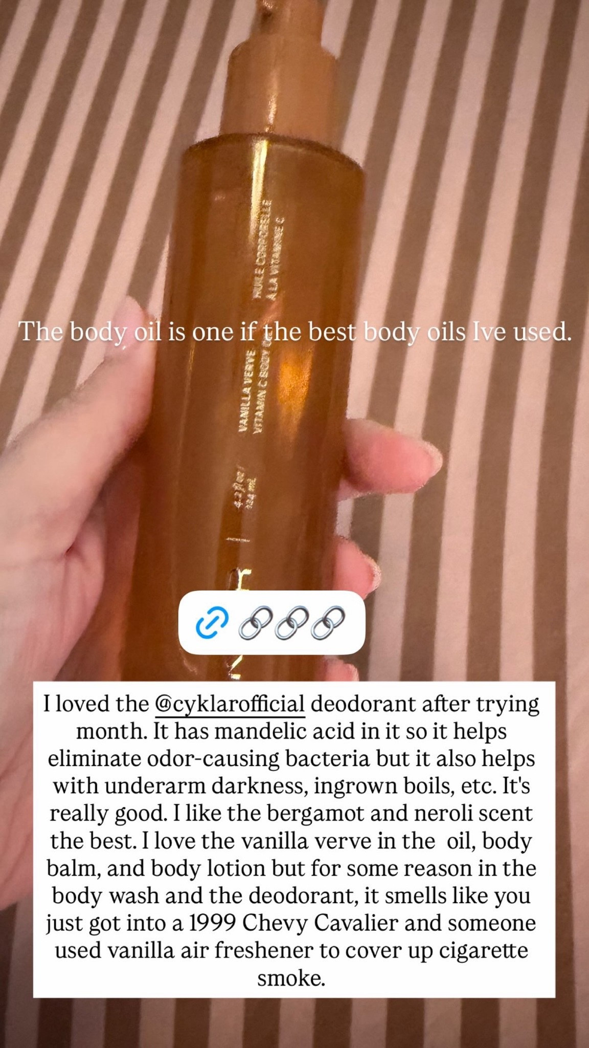 I love Cyklar’s Mandelic Acid Brightening Deodorant, and their body oil (also linked here) might be the best body oil I’ve ever used. Their deodorant works significantly to eliminate odor-causing bacteria and help with underarm darkness, ingrowns, and boils. This is their bergamot neroli scent (my personal favorite — I love a fresh clean scent), but I love their Vanilla Verve scent as well.

#LTKselfcare #LTKBeauty #LTKmorningroutine