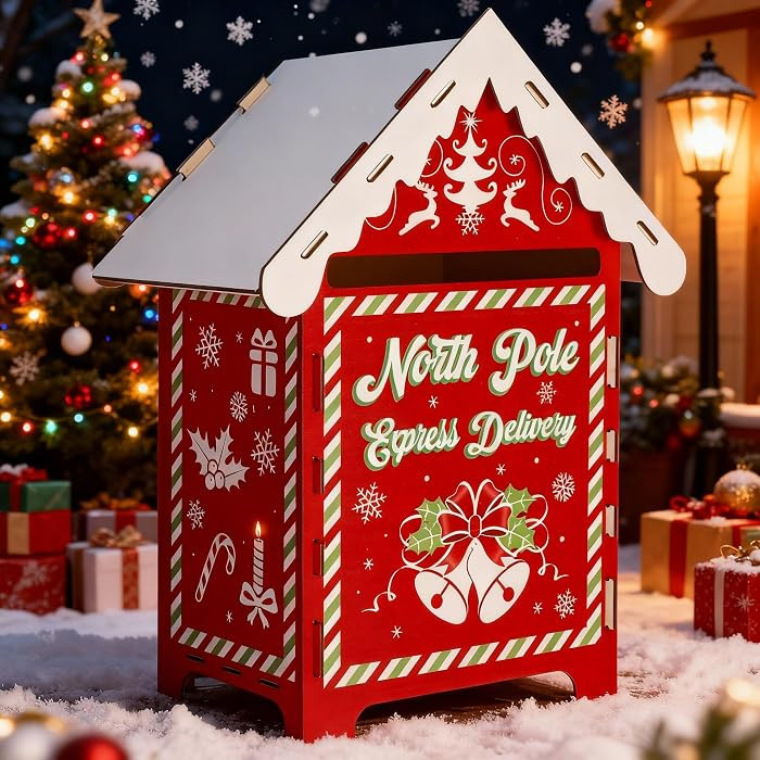13.8 x 9 x 7 Inch Christmas Mailbox Letters to Santa Claus Wooden Red North Pole Delivery Mailbox... | Amazon (US)