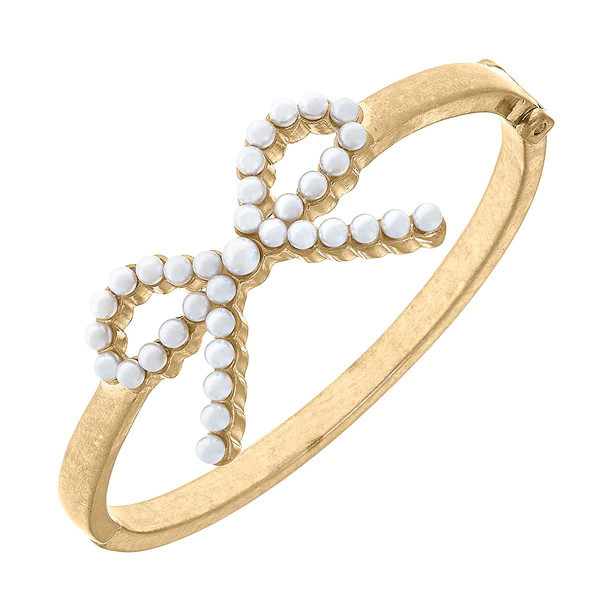 Kellie Pearl Bow Hinge Bangle in Worn Gold | CANVAS