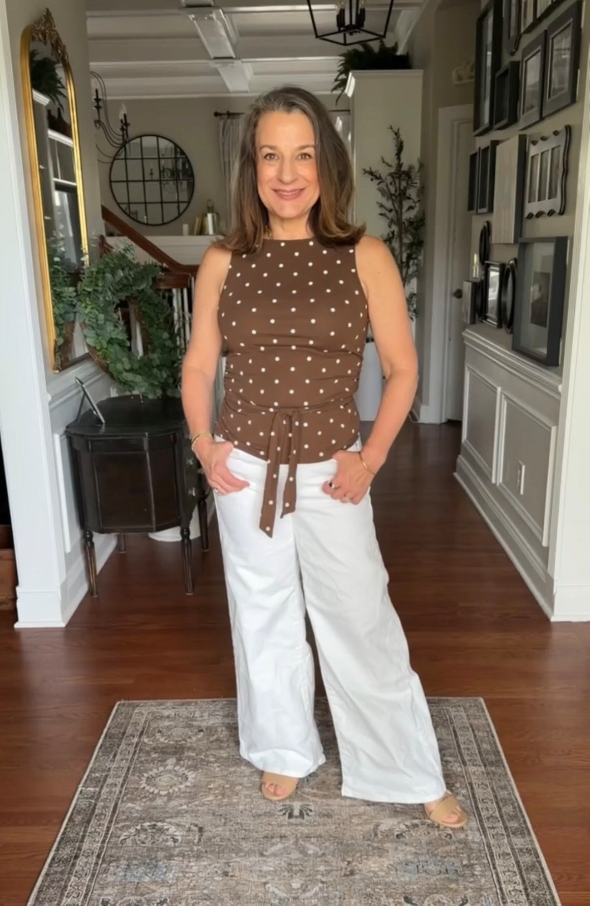 Brown and white is such a good combination for fall. The polka-dot top adds just enough interest, while the white wide-leg pants keep the look fresh and polished. An easy outfit formula to have on repeat this season.

#LTKootd #LTKOver40 #LTKPetite