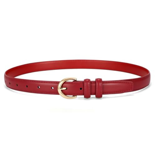 SANSTHS Women Leather Belt for Jeans Pants Fashion Ladies Skinny Belt for Dresses Thin Belt with Single Prong Buckle,Angora Red,S | Amazon (US)