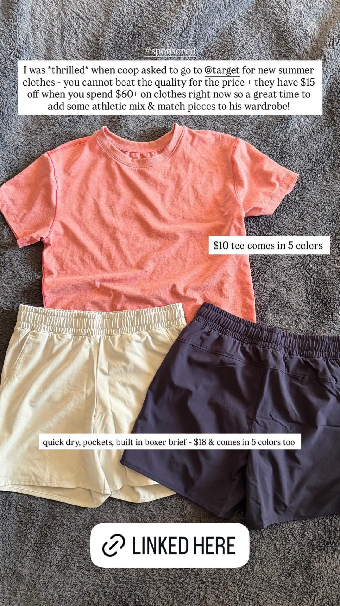 I was *thrilled* when coop asked to go to @target for new summer clothes - you cannot beat the quality for the price + they have $15 off when you spend $60+ on clothes right now so a great time to add some athletic mix & match pieces to his wardrobe! $10 tee comes in 5 colors  quick dry, pockets, built in boxer brief - $18 & comes in 5 colors too  #sponsored

#LTKmomlife #LTKKids #LTKSaleAlert