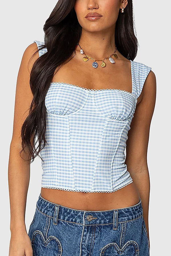 Edikted Marcella Wide Strap Mesh Corset in Light/Blue, Women's at Urban Outfitters | Urban Outfitters (US and RoW)