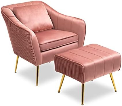 WQSLHX Pink Velvet Accent Chair with Ottoman for Living Room, Armchair Mid Century Modern Vanity Cha | Amazon (US)