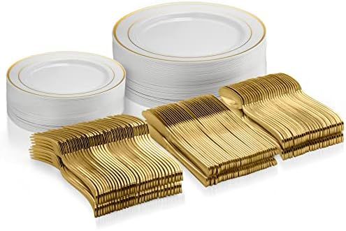 125 Piece Gold Dinnerware Party Set - 50 Gold Rim Plastic Plates, 25 Dinner 25 Dessert Plates, 75... | Amazon (US)
