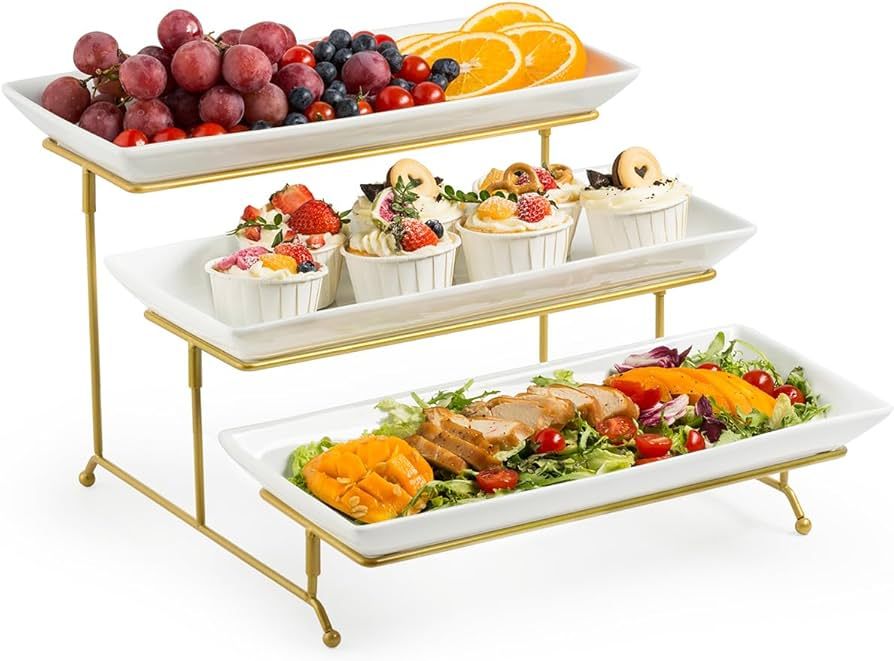LAUCHUH Large 3 Tier Serving Stand Tiered Serving Trays Collapsible Sturdier Rack with 3 Porcelai... | Amazon (US)