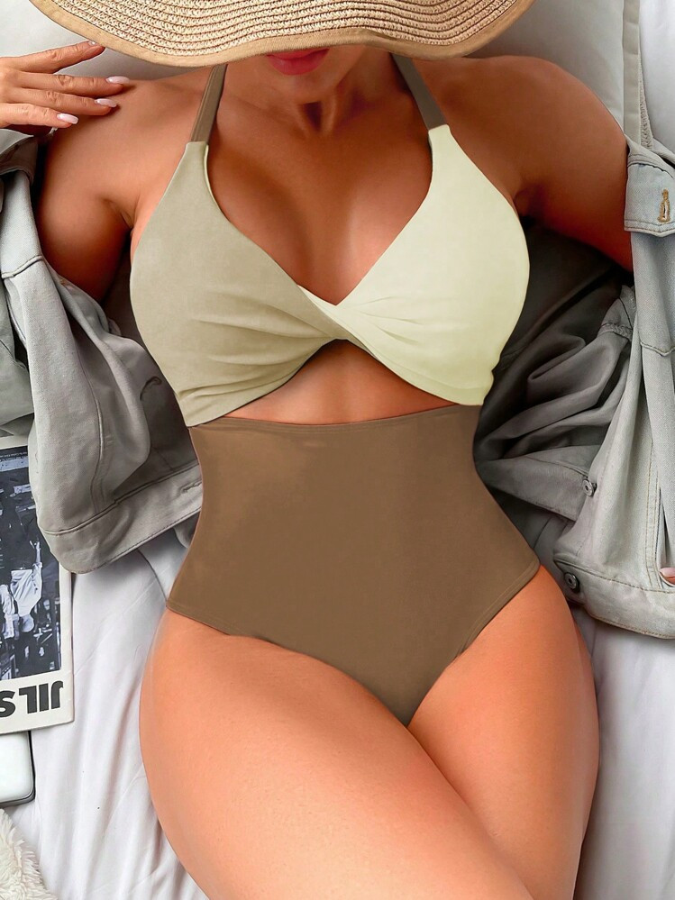 SHEIN Swim Color Block Twist Front One-Piece Swimsuit,Summer Beach Bathing Suit | SHEIN