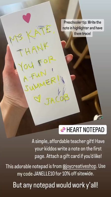 An easy and thoughtful teacher gift idea! Grab a notepad and have your kiddo write a kind note on the first sheet!

Use code JANELLE10 for 10% off Joy Creative Shop site wide!


#LTKkids #LTKFind