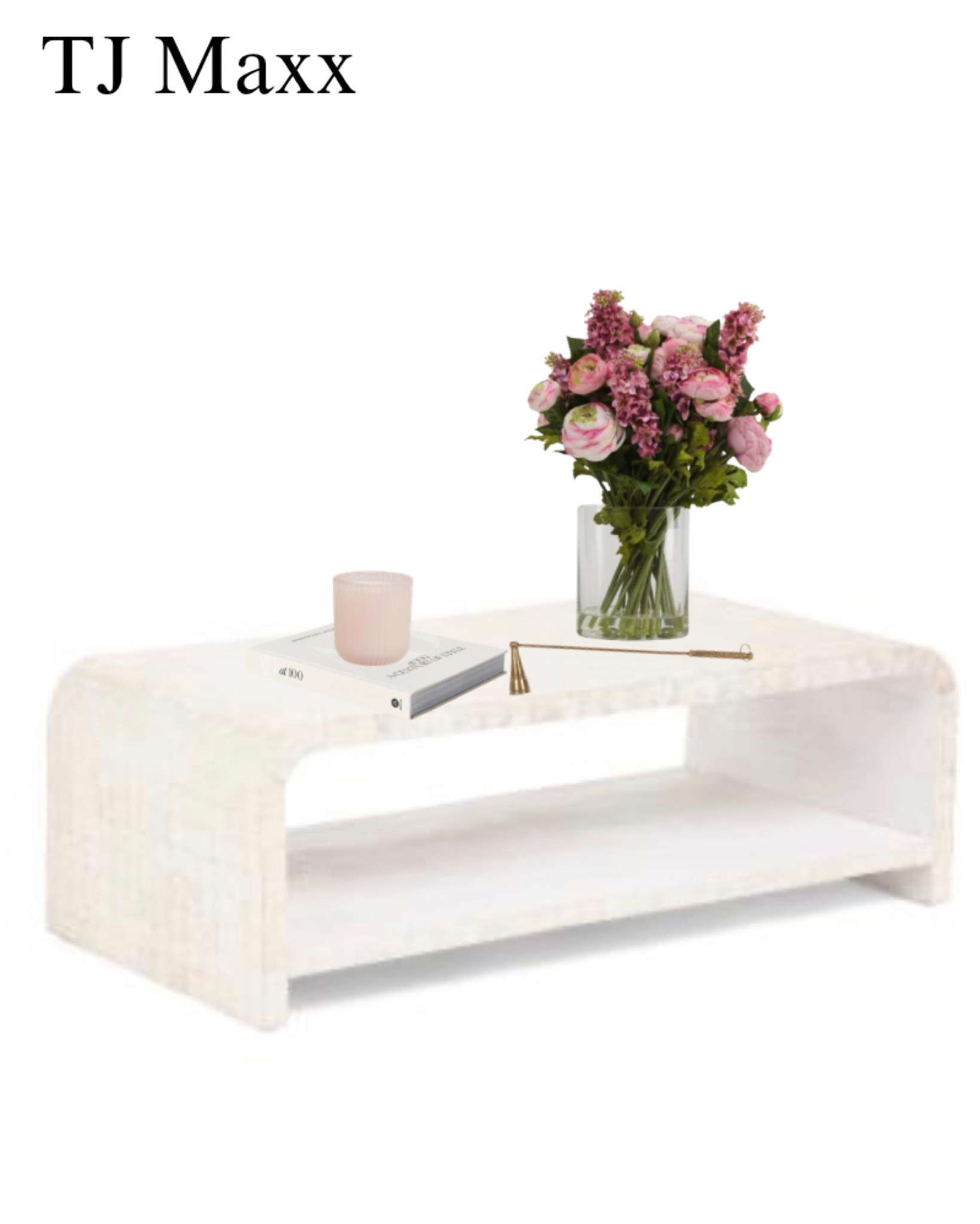Capiz coffee table on sale at TJ Maxx, the flowers and vase, pink candle, styling, living room, office, bedroom, French, modern, coastal.
