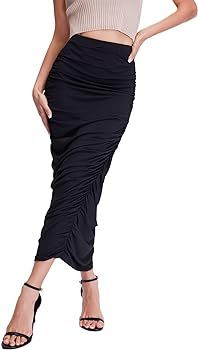 Verdusa Women's High Waist Ruched Side Solid Long Bodycon Pencil Skirt | Amazon (US)