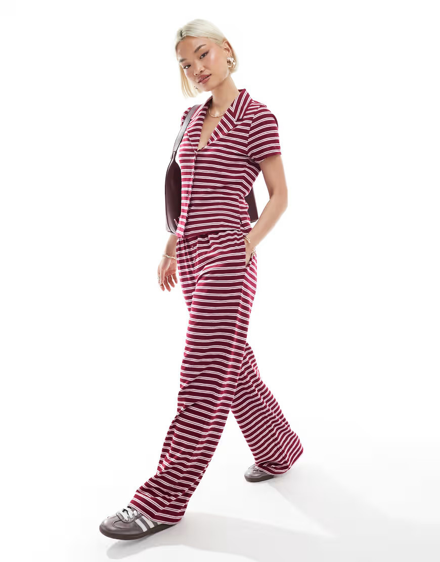 ASOS DESIGN wide leg trouser co-ord in burgundy stripe-Pink | ASOS (Global)