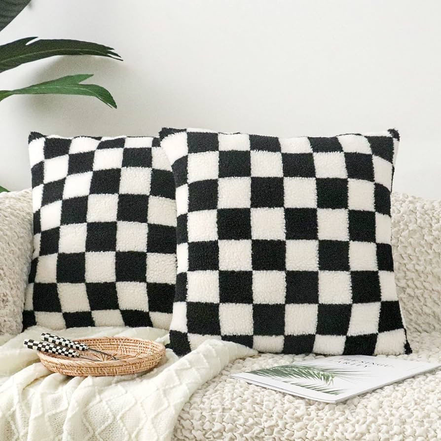 Funky Sherpa Fleece Checkerboard Throw Pillow Cover, Soft Fluffy Faux Fur Wool Cushion Cases for ... | Amazon (US)