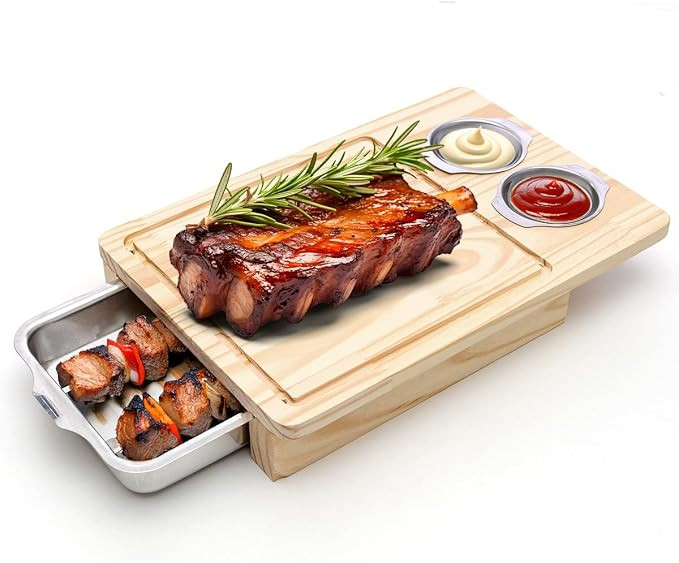Tábua De Carne Churrasco Madeira Com Gaveta Bandeja Térmica em Inox Inteligente - 2 Potes em In... | Amazon (BR)