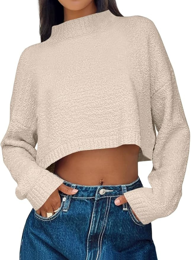 LILLUSORY Women's Cropped Sweaters 2023 Fall Winter Mock Neck Long Sleeve Fuzzy Knit Oversized Pu... | Amazon (US)