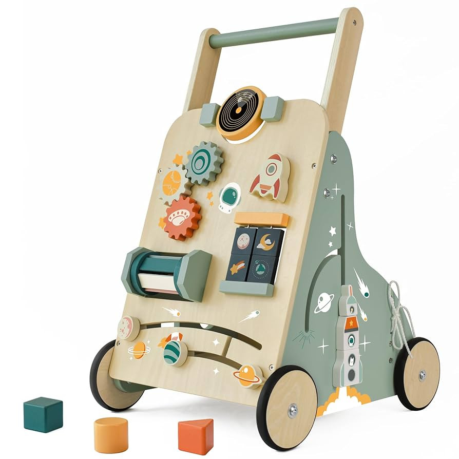 Adjustable Wooden Baby Walker – Montessori Push Toy for 1 Year Old with Rocket-Themed Activity ... | Amazon (US)