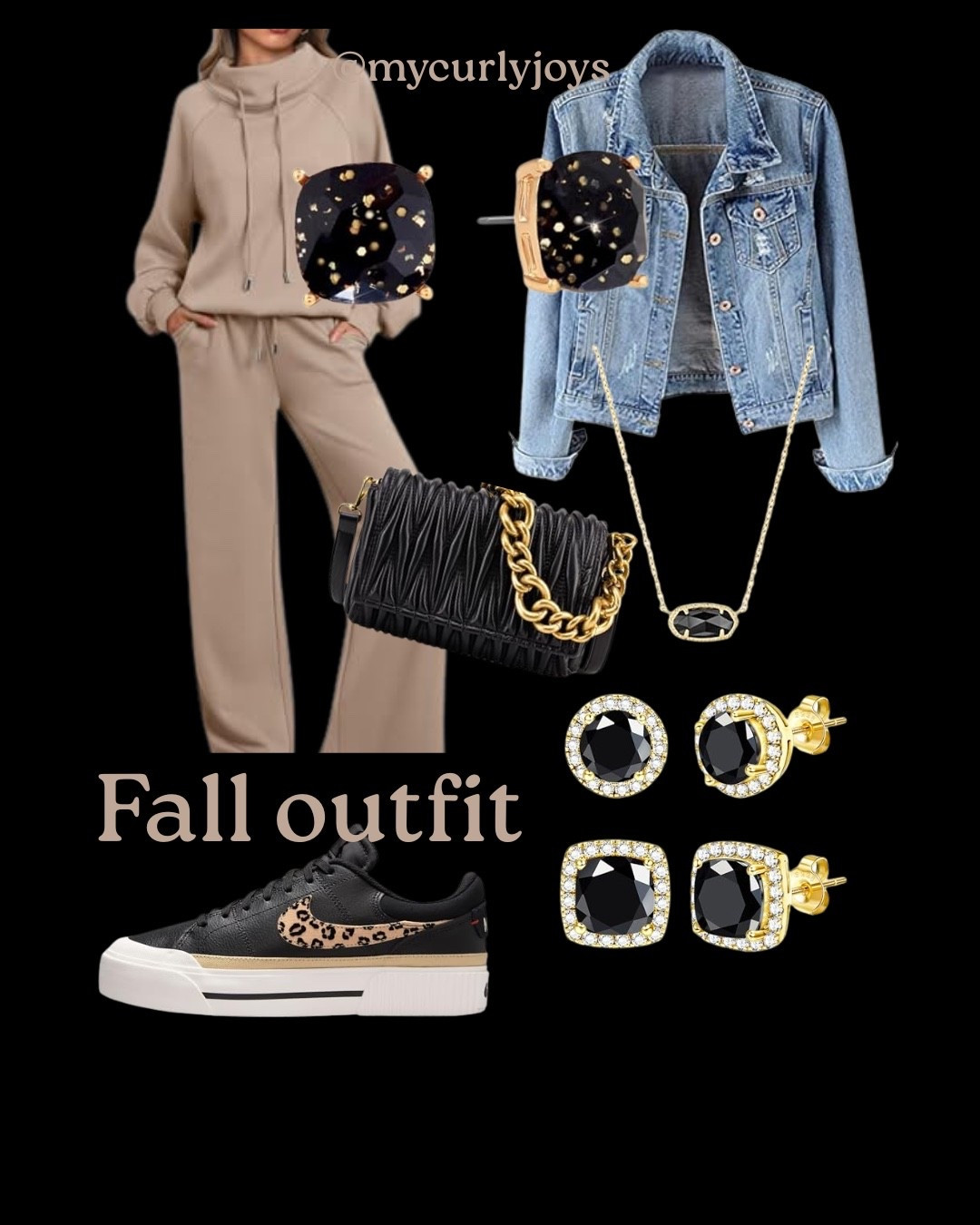 Fall outfit
Casual fall style
Cozy fall look
Everyday fall fashion
Weekend outfit
Street style
Neutral lounge set
Matching set outfit
Beige jogger set
Casual two-piece set
Athleisure style
Comfy chic outfit
Black quilted bag
Gold and black earrings
Statement earrings
Everyday jewelry
Crossbody bag
Quilted chain bag
Denim jacket outfit
Fall layering piece
Casual jacket for fall
Leopard sneakers
Black and leopard shoes
Platform sneakers
Fall casual sneakers
Everyday sneakers
