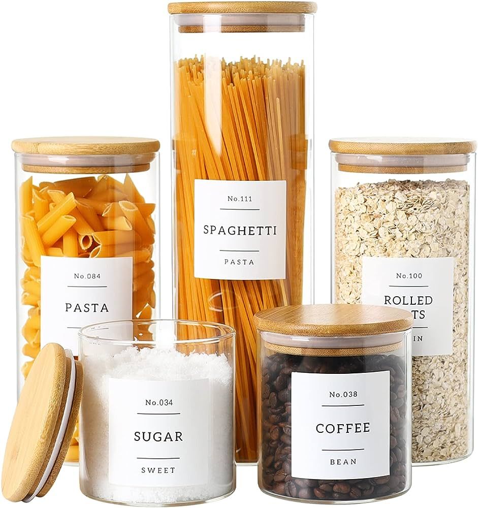 5 Pack Glass Jars with Bamboo Airtight Lids - Stackable Food Storage Containers with 132 Pantry Labels - with Wood Lid for Candy, Cookie, Rice, Sugar, Flour, Pasta, Nuts | Amazon (US)