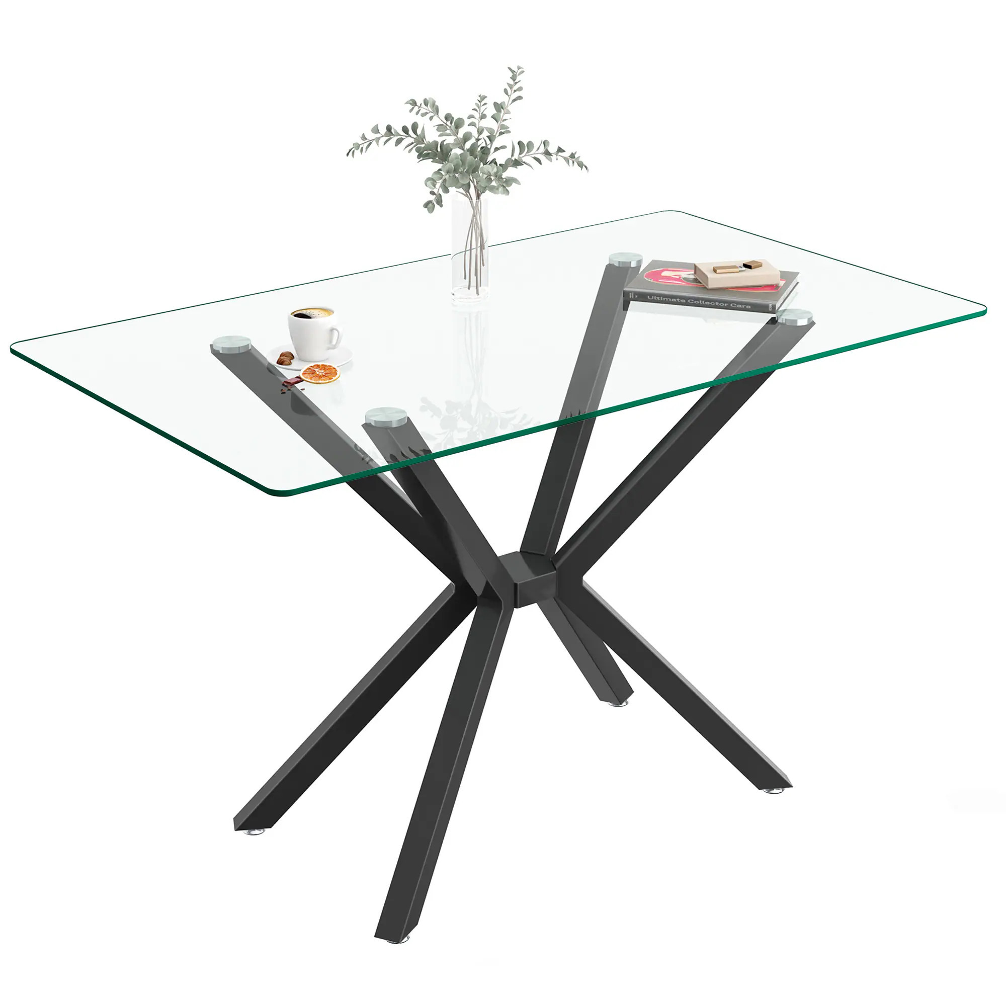 JJJ Glass Dining Table Clear Contemporary/Modern Glass top Dining Table, with Black Finish and Metal 47.24-in L x 29.53-in H Large | SLYN82PZU82 | Lowe's