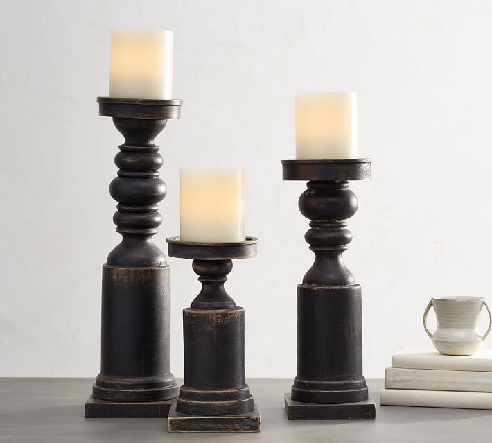 Painted Carved Wood Pillar Holders - Black | Pottery Barn (US)