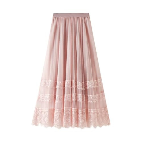 LYOYE Women's Midi Skirt Elastic High Waist Lace Tulle Skirt Pleated Skirt Pink One Size | Amazon (US)