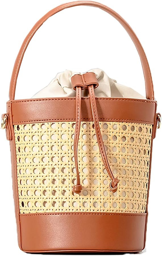 Rattan Bag for Women Straw Tote Bucket Bag PU Leather Summer Travel Beach Bag Holiday Purses | Amazon (US)