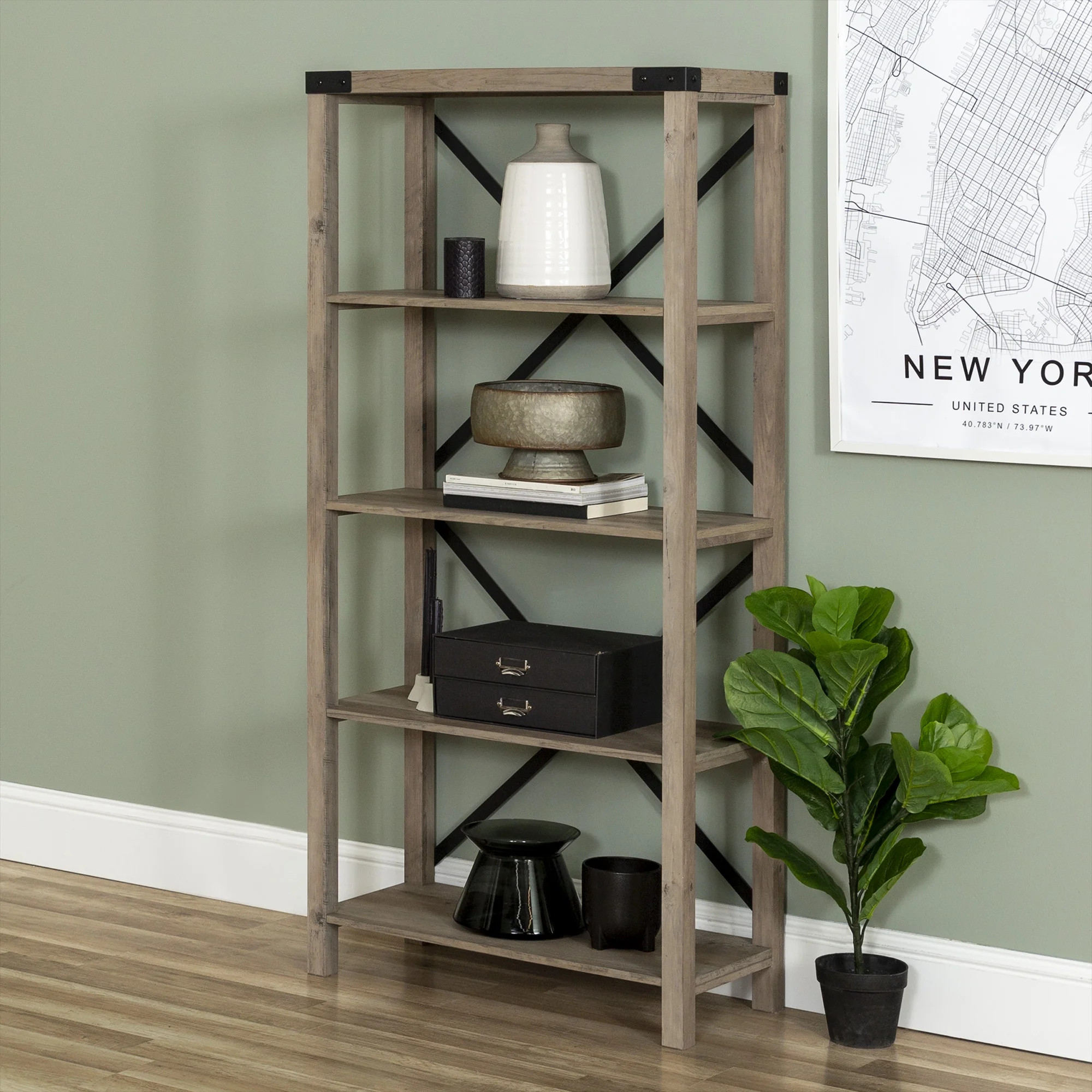 Desert Fields Rustic Industrial 4-Shelf Bookshelf, Gray Wash | Walmart (US)