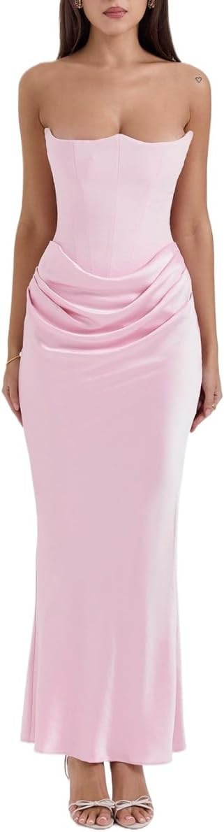 Women's Multicolored Waist Cinched Satin Strapless Shoulder Fish Bone Pleated Long one-Piece Dres... | Amazon (US)