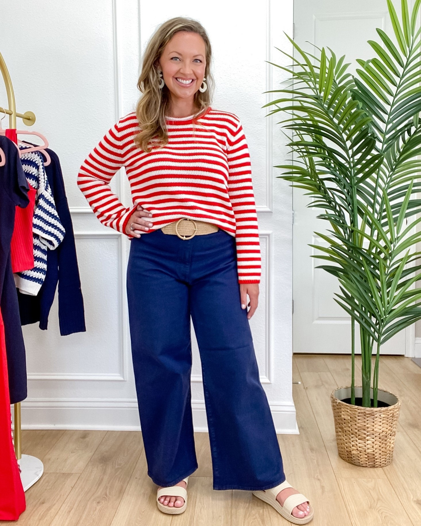 This Target outfit is coastal chic perfection 🌊 — especially for those cooler summer mornings or breezy evenings! I styled these navy wide leg jeans (wearing size 10) with a striped red rolled neck sweater (size Medium) and added a raffia belt for that warm-weather texture touch.
Perfect look for a beach town brunch, boat day, or coastal getaway 🌬️🇺🇸
#TargetStyle #CoastalChic #MidsizeStyle #SummerOutfitInspo #LTKUnder50 #MidsizeFashion #TargetFinds #RaffiaAccessories #NauticalStyle #LTKStyling #TargetTryOn 

 #LTKSeasonal #LTKMidsize #LTKFindsUnder50