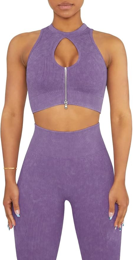 Amazon.com: OLCHEE Womens Workout Sets 2 Piece - Seamless Ribbed Acid Wash Yoga Outfits Leggings ... | Amazon (US)